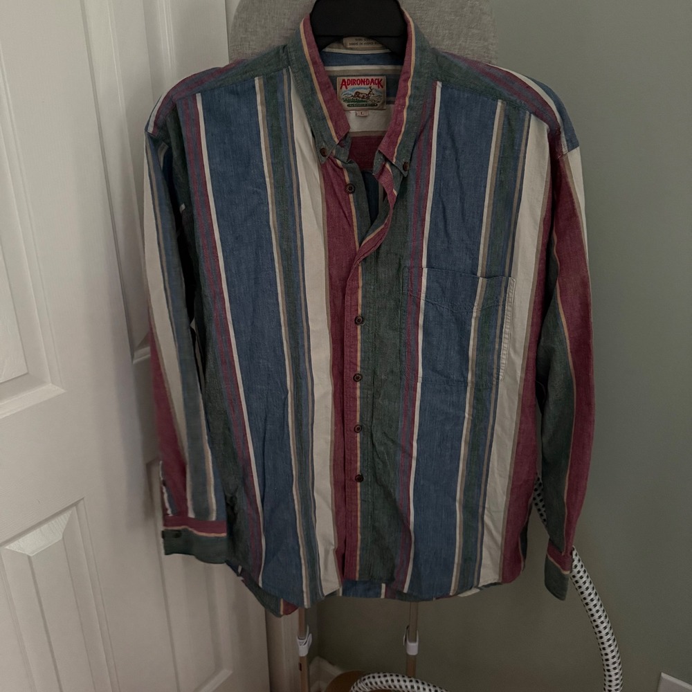 Vintage 90s Adirondack Indigo Chambray Shirt Mens L Striped Cotton Grandpacore